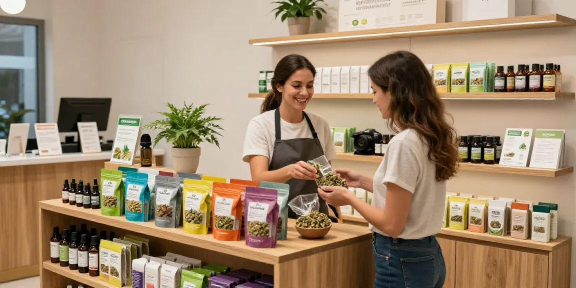 Ein einladender CBD Shop mit freundlichem Personal, das Kunden bei der Auswahl von CBD Blüten unterstützt.
