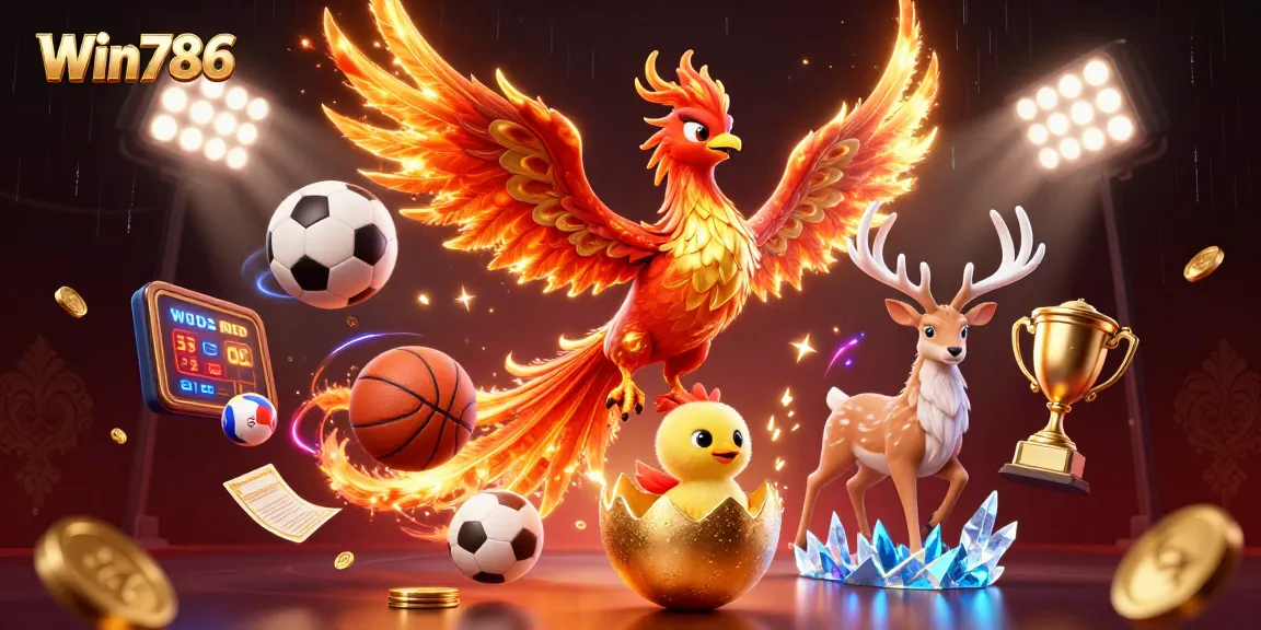 Win786 showcases fantasy elements with a fire phoenix and sports balls in a vibrant casino setting.