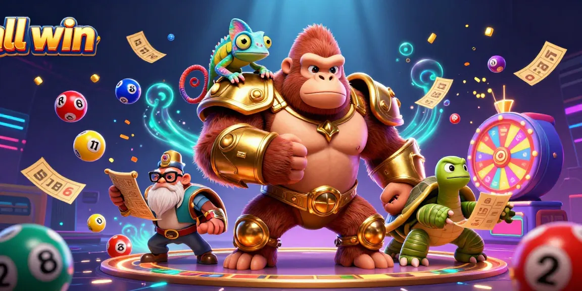 Engage with ll win’s vibrant lottery action featuring a gorilla king in golden armor, colorful balls, and prize elements.