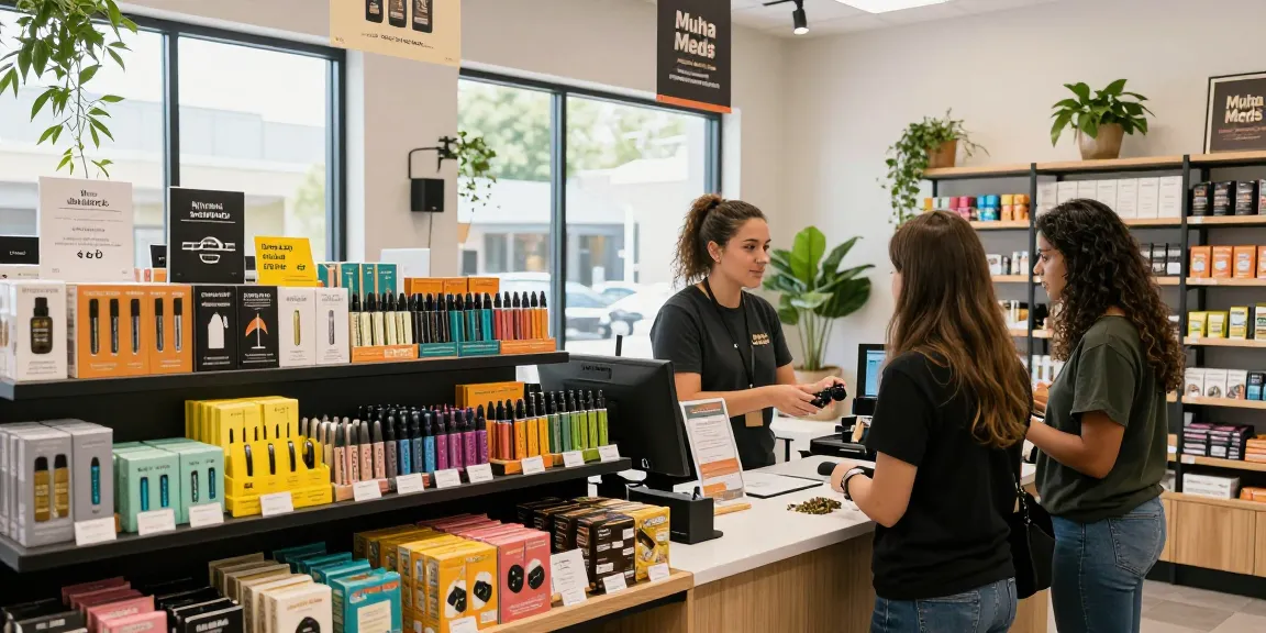 Explore Muha Meds products in a vibrant cannabis retail space with friendly staff and welcoming atmosphere.