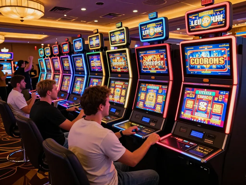 Players celebrating wins while playing vibrant slot bonuses in a lively casino atmosphere.