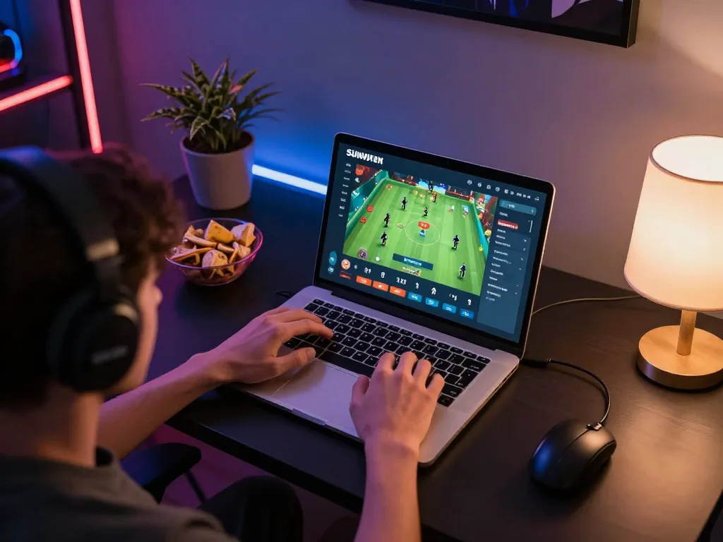 Tải sun win with a person engaged in online gameplay strategy, showcasing vibrant home gaming setup.
