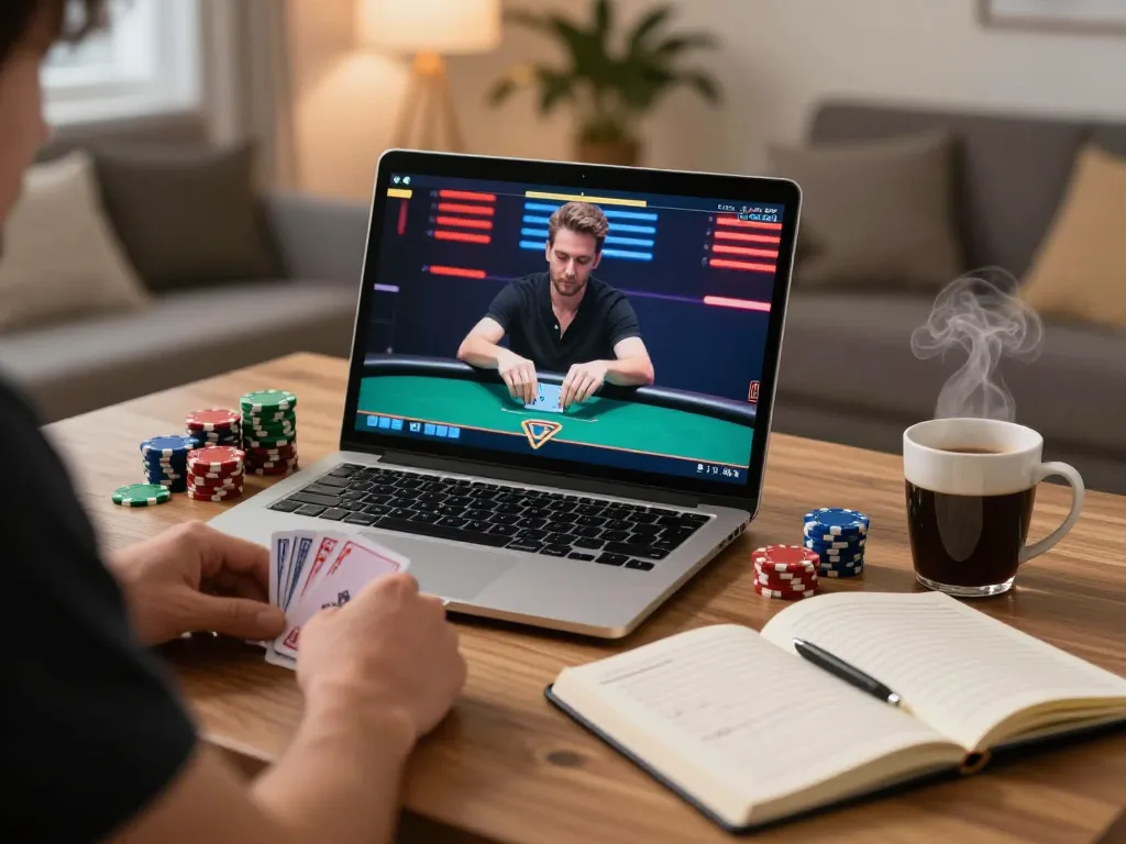 Engaging online poker session through laptop as player strategizes with chips and notes at home, 789 focused.