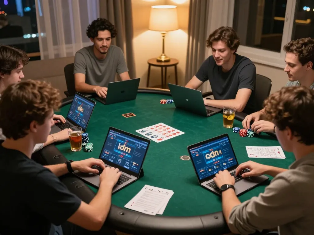 Pemain yang terlibat menikmati idn poker saat malam permainan di rumah yang meriah dengan laptop dan camilan.
