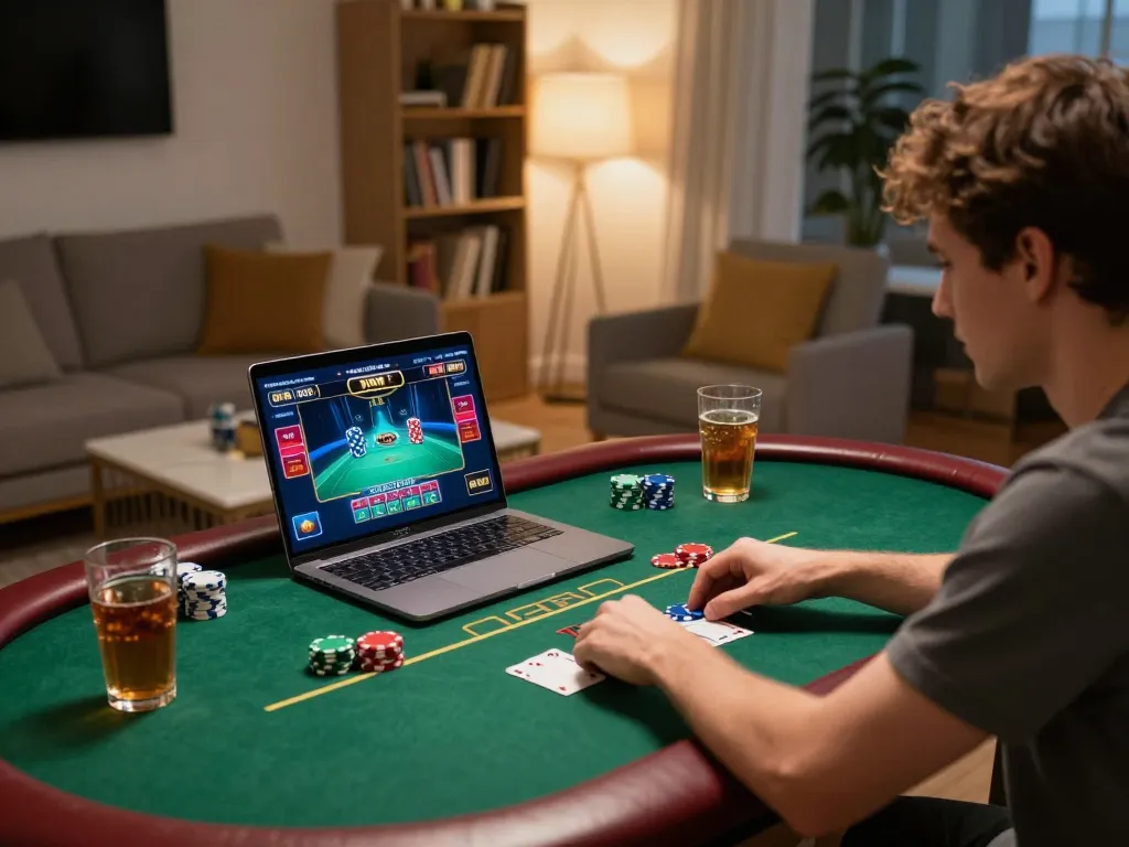 Engaging in online poker at 99win, with vibrant gameplay interface and cozy home setting.