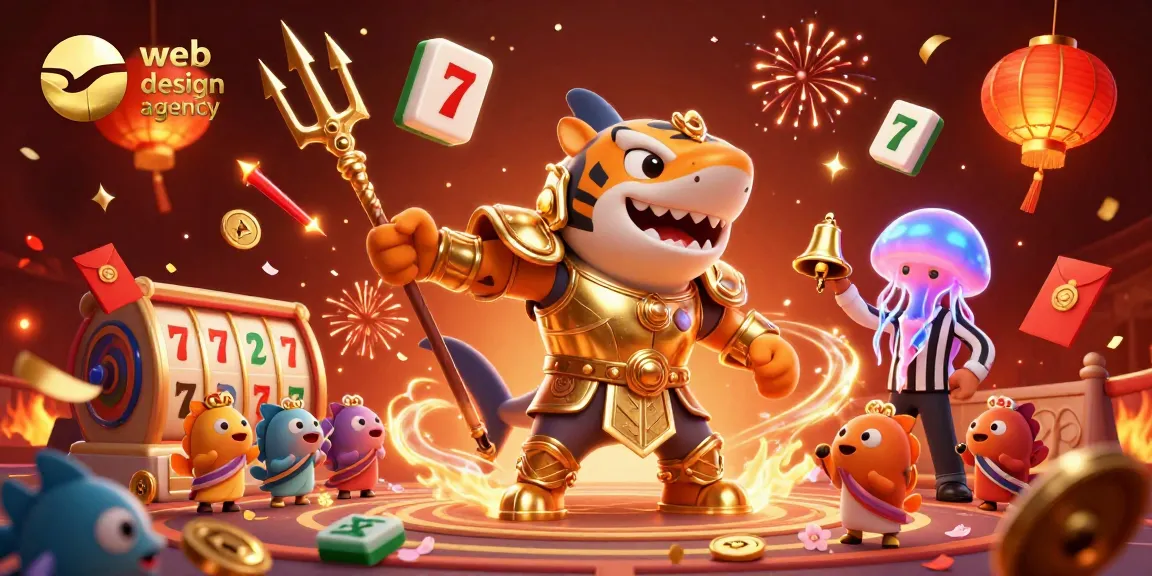 Engaging scene showcasing a web design agency's creative elements in an underwater colosseum with a tiger shark and casino symbols.