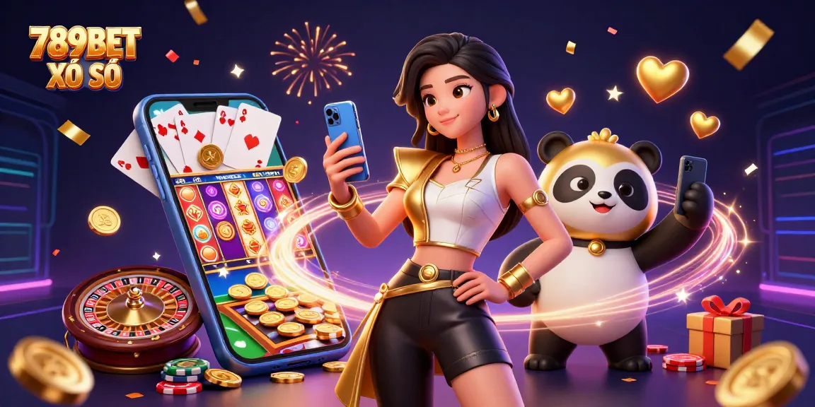 Engaging the thrill of 789BET XỔ SỐ, an Asian woman plays a casino game while a cute panda mascot captures the excitement with floating hearts.