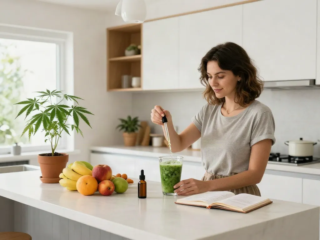 California online dispensary that ships - woman preparing CBD smoothie in bright kitchen with hemp plant, promoting natural wellness.