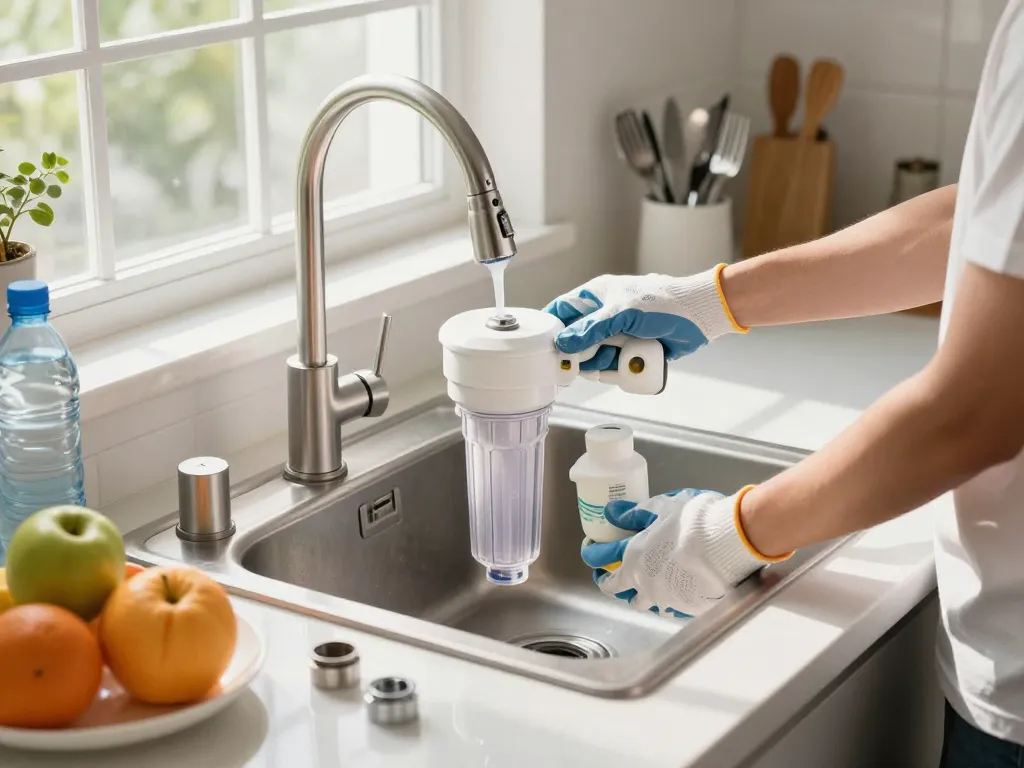 A person installing the AQUA CREST GXRTQR Inline Water Filter in a bright kitchen, showcasing a DIY plumbing project with tools and fresh produce.