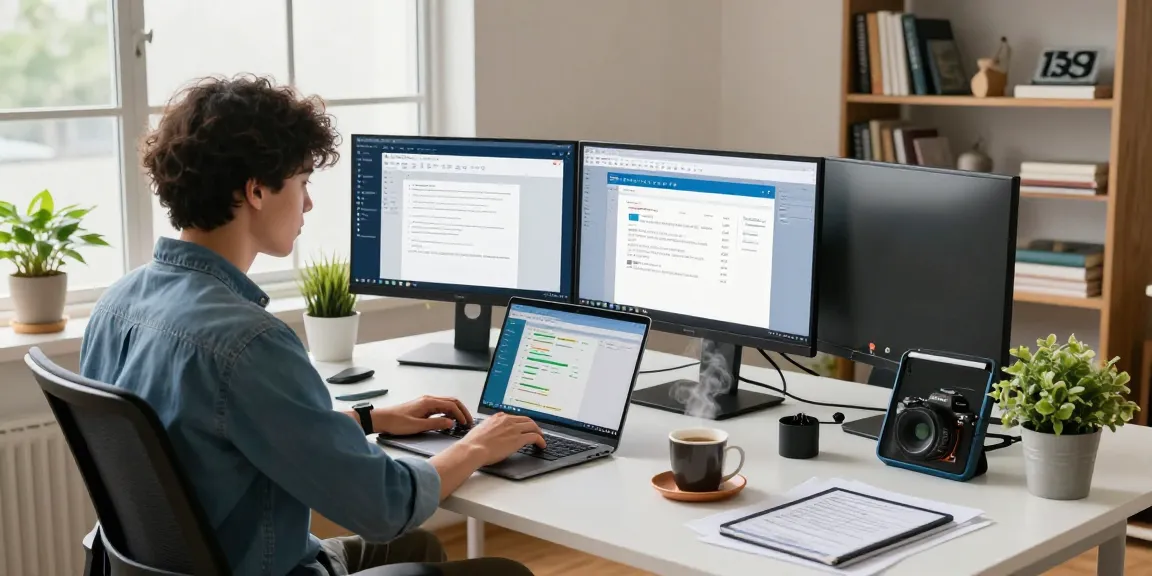 Downloading WPS Office, a vibrant workspace with laptop and applications for productivity