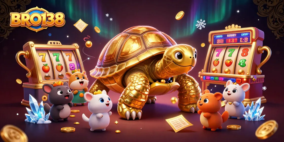 Engaging scene of BRO138 featuring a golden tortoise slot machine with excited animals, showcasing vibrant casino elements.