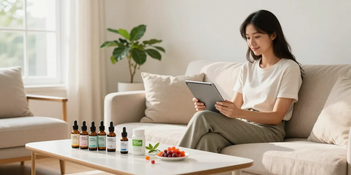 Young woman exploring CBD North products in a bright living room, showcasing a wellness lifestyle.