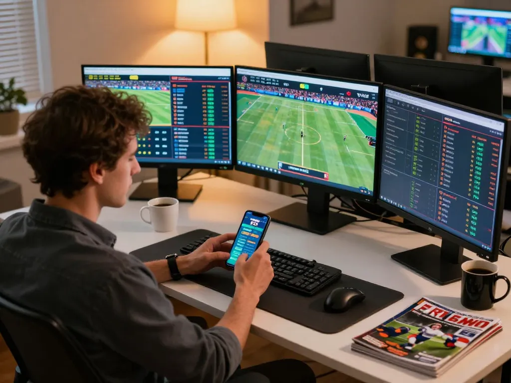Engaging in online sports betting on RR 88 with multiple screens showing live events and strategy.