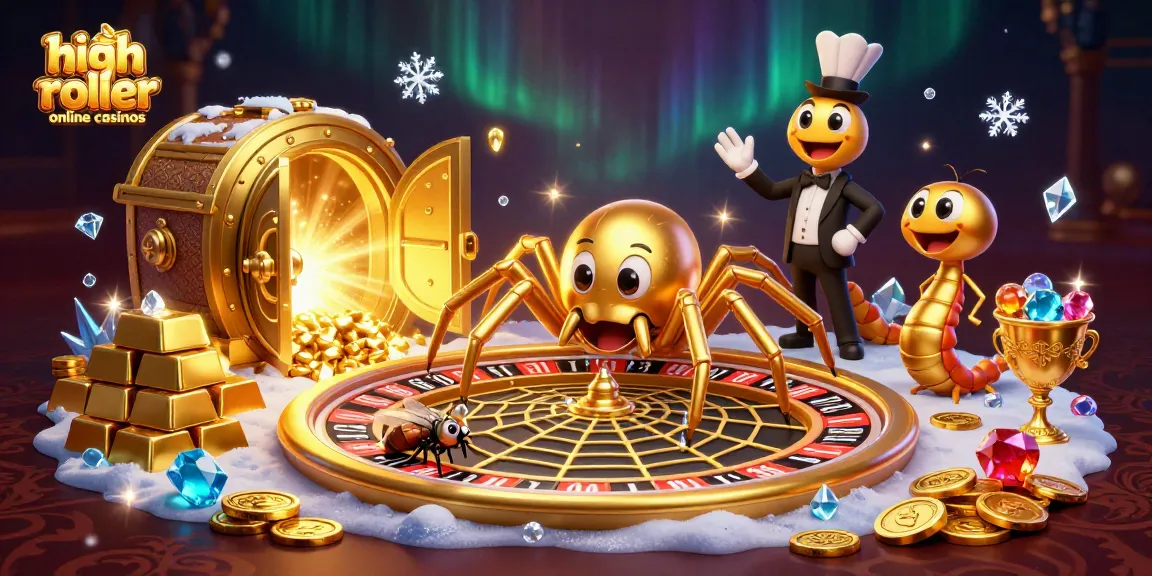 Engage with high roller online casinos as a fly nervously places bets in a golden web.