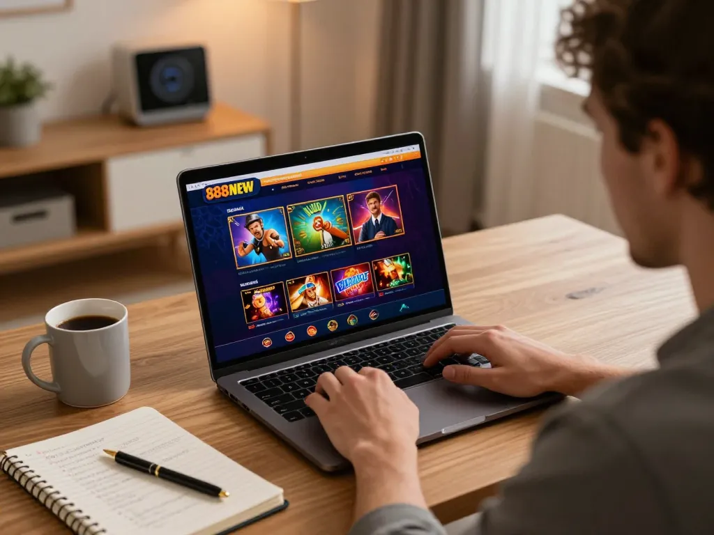 Engaging in online gaming with 888NEW platform at home, showcasing strategic betting.