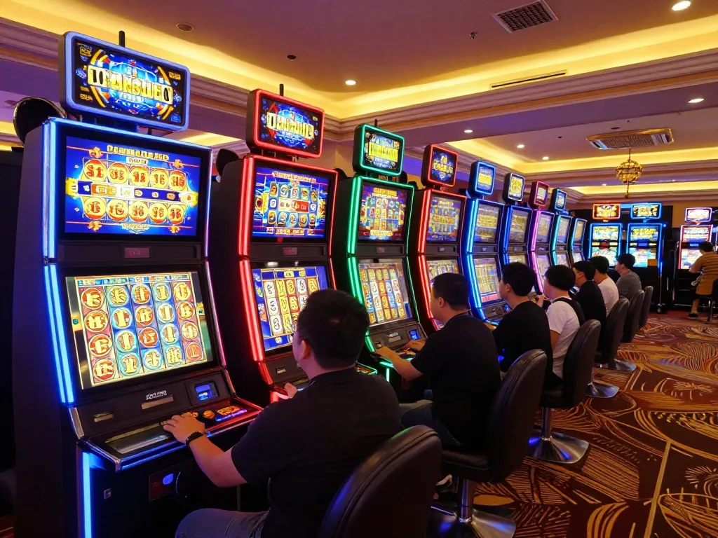 Engaging moment of a player enjoying slot gacor gameplay at a vibrant casino, pressing spin button.