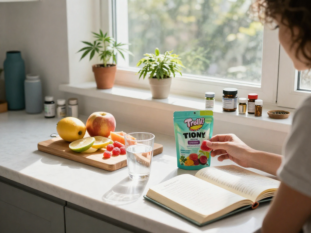 Trolli sweets UK alongside CBD oil in a bright kitchen, promoting organic wellness.
