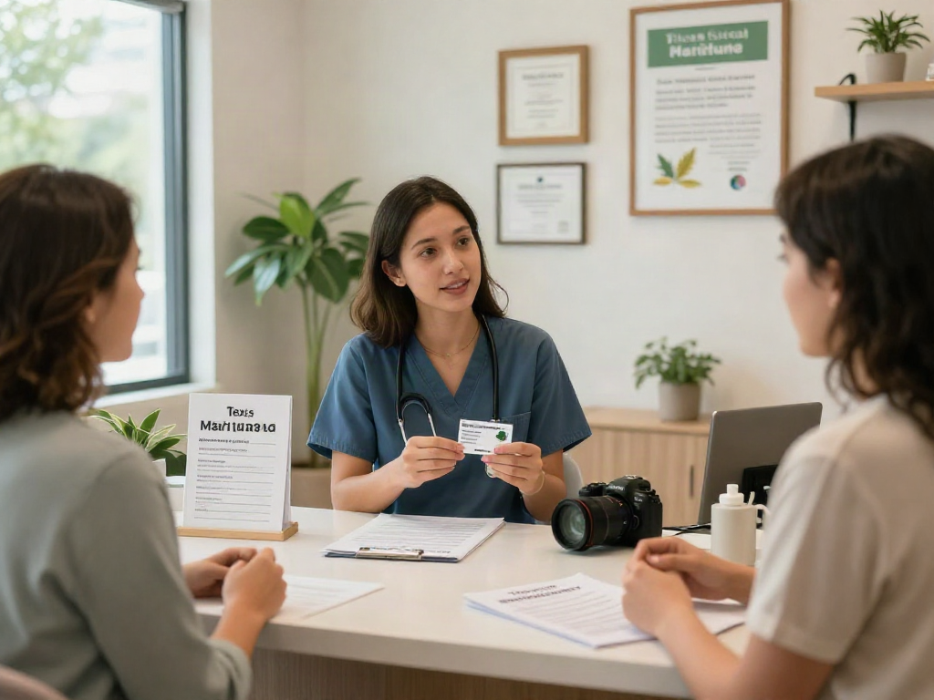 Patient learning about Texas MMJ card benefits in a welcoming clinic setting.