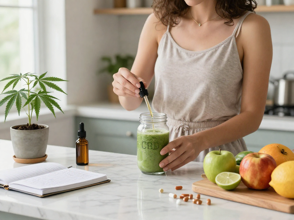 Buy weed online with premium CBD oil on kitchen counter amidst fresh ingredients in a wellness routine.