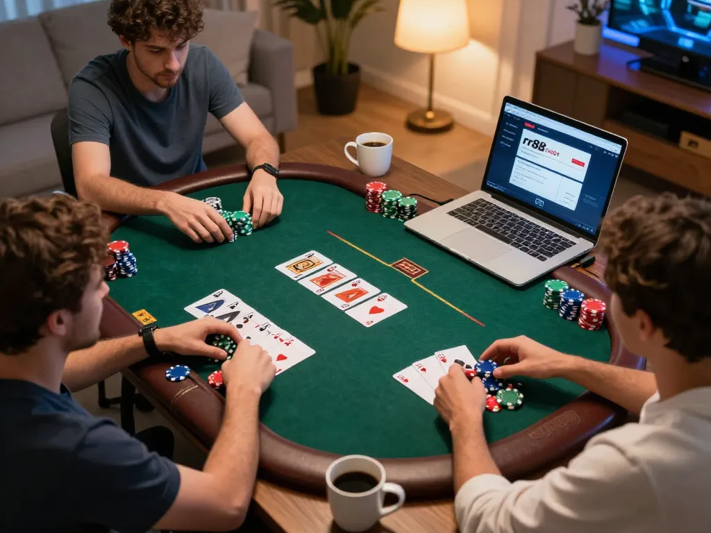Engaging online poker scene with rr88 credit app on laptop, showcasing strategic gameplay.