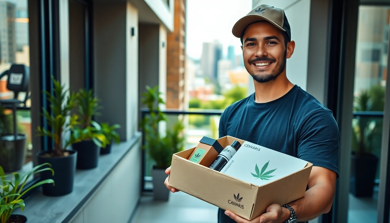 Buy weed delivered: Delivery driver happily presenting cannabis package outside modern apartment.