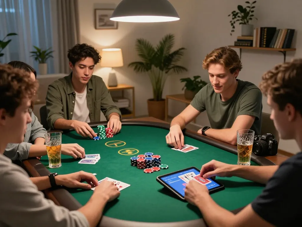 Players engaging in an exciting online poker night through https://7hh.games/ in a cozy home setting.