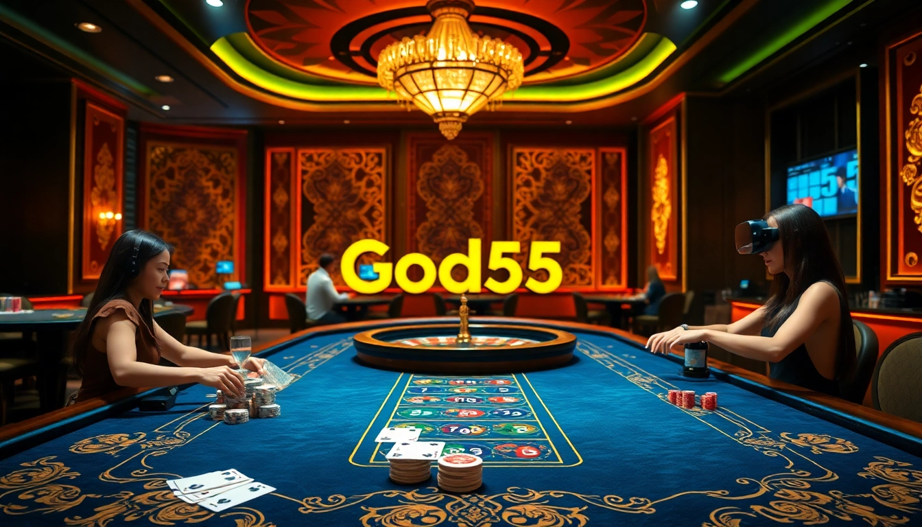 Engage with God55 casino excitement through luxurious gaming tables and vibrant casino elements.