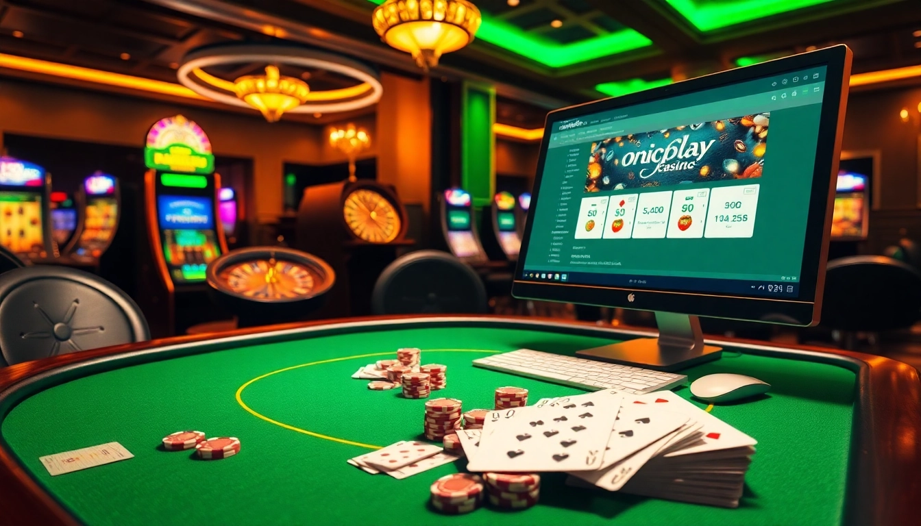 Experience the thrill of onicplay through an online casino setup with vibrant gaming elements.