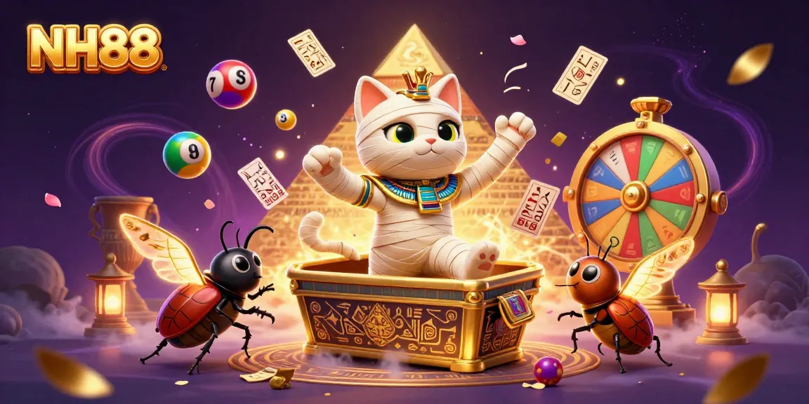 Experience the thrilling world of NH88 with a vibrant mummy cat emerging from a sarcophagus amidst casino fun.