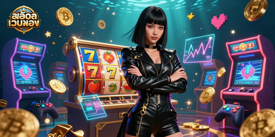 Engage with สล็อตเว็บตรง as a stunning Asian woman dominates a vibrant casino scene with slot reels and Bitcoin elements.
