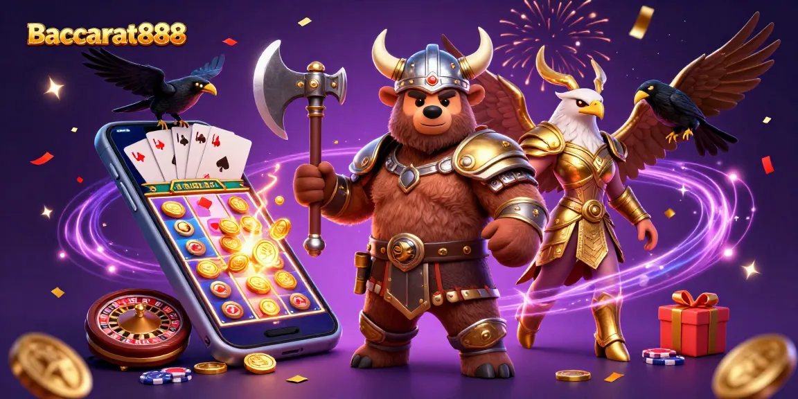 Engage in thrilling gameplay with Baccarat888 as a Viking berserker and Valkyrie eagle explore dazzling casino adventures.