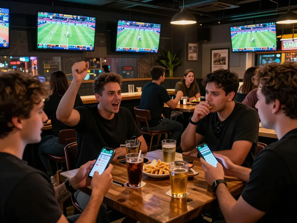 Tỷ lệ kèo nhà cái hôm nay featured on several screens in a bustling sports bar with excited fans.