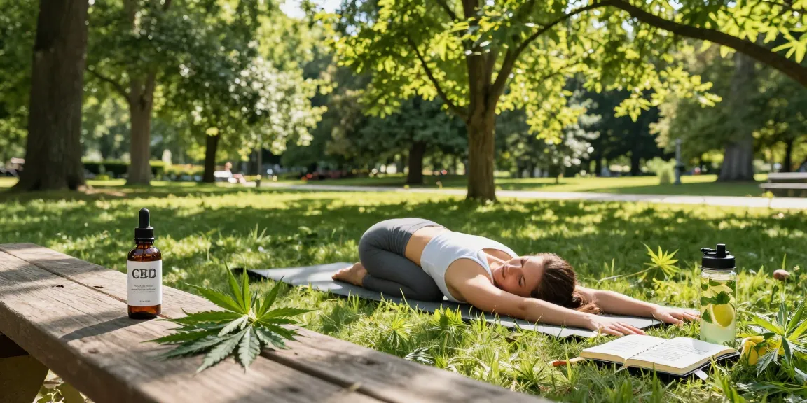 Ministry of Cannabis CBD oil in serene outdoor wellness scene with yoga and natural elements