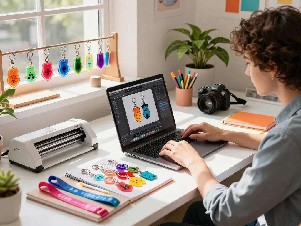 Creative workspace with designer designing custom key chain, colorful samples and design tools visible