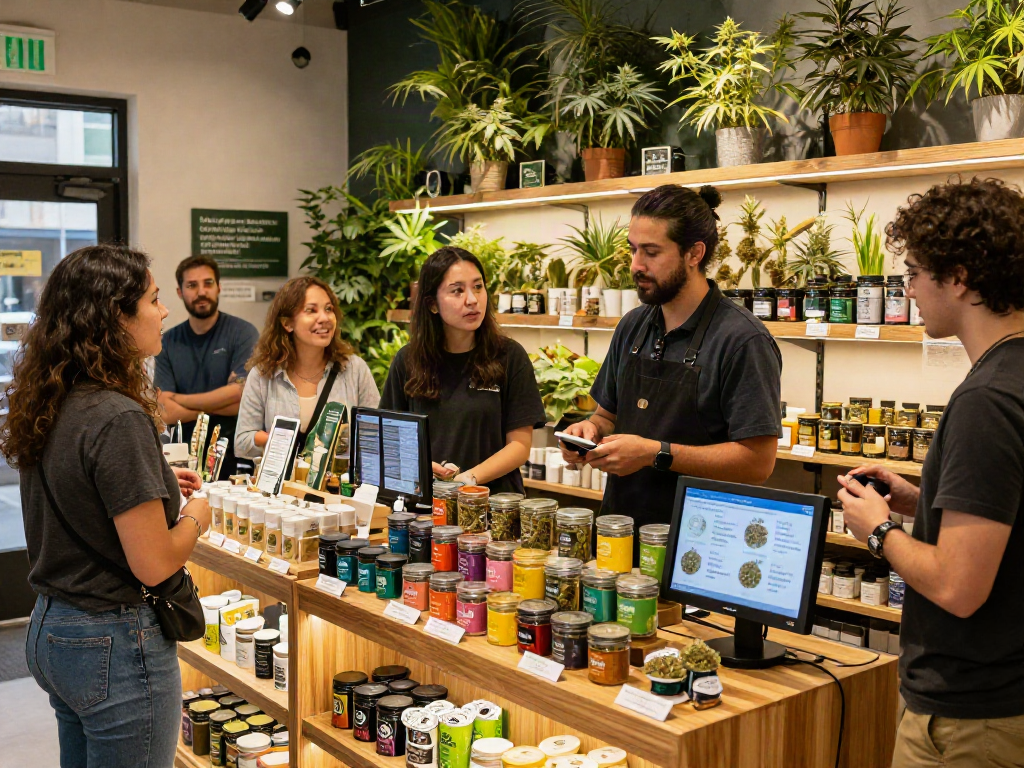 Brussels Weed Online: Customers engaging with knowledgeable staff at a cannabis dispensary