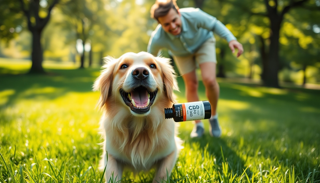 Engaging scene of a dog excitedly retrieving CBD For Pet oil, showcasing joy and health.