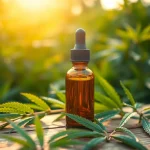 Discover the benefits of CBD Oil in a serene natural setting with hemp leaves.