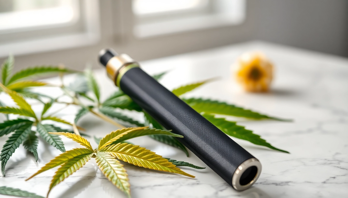 Showcasing a modern Cannabis Vape pen elegantly placed on a marble table with lush cannabis leaves.