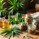 Showcasing CBD oil products and edibles on a rustic table with greenery.