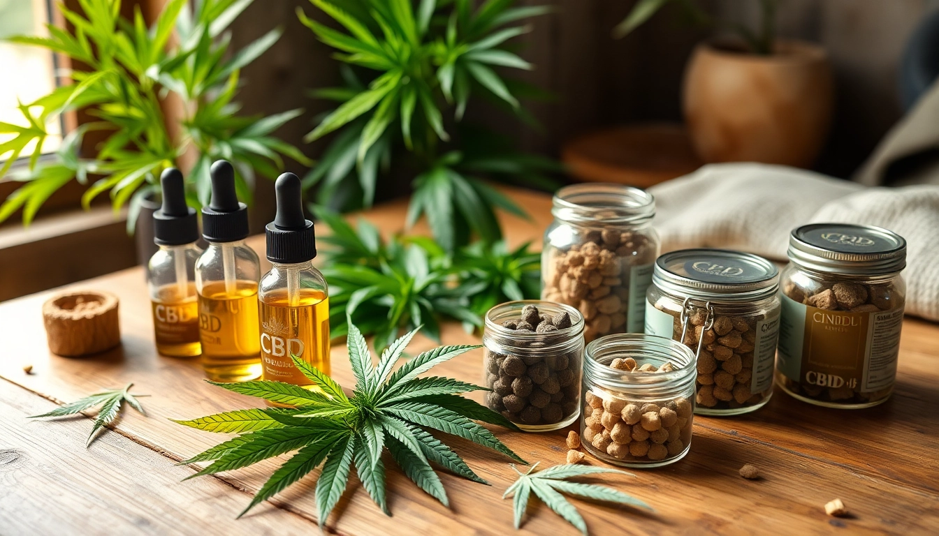Showcasing CBD oil products and edibles on a rustic table with greenery.