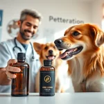 Vet showing CBD Oil For Dog to a happy dog in a bright clinic setting.