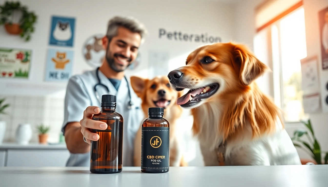 Vet showing CBD Oil For Dog to a happy dog in a bright clinic setting.