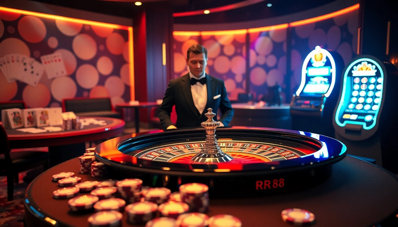 Players enjoying a thrilling game at RR88's roulette table with vibrant casino elements.