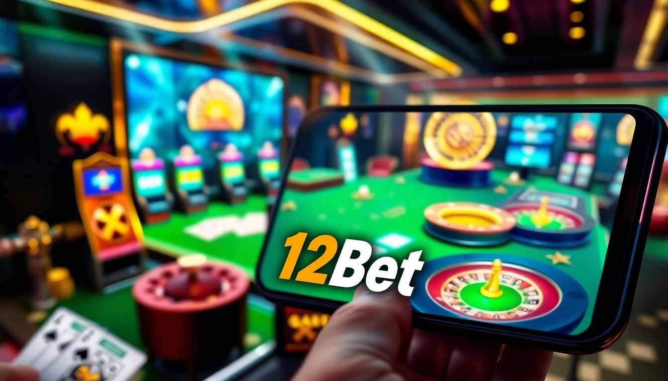 Experience the thrill of online gambling with an immersive scene featuring ink vao 12bet interface, slot machines, and poker tables.