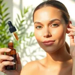 Enhancing beauty with CBD oil for skin application by a model in a serene setting.