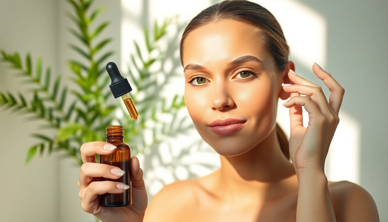 Enhancing beauty with CBD oil for skin application by a model in a serene setting.