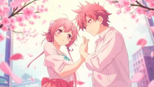 Anime sex scene featuring vibrant characters in a playful romantic setting.