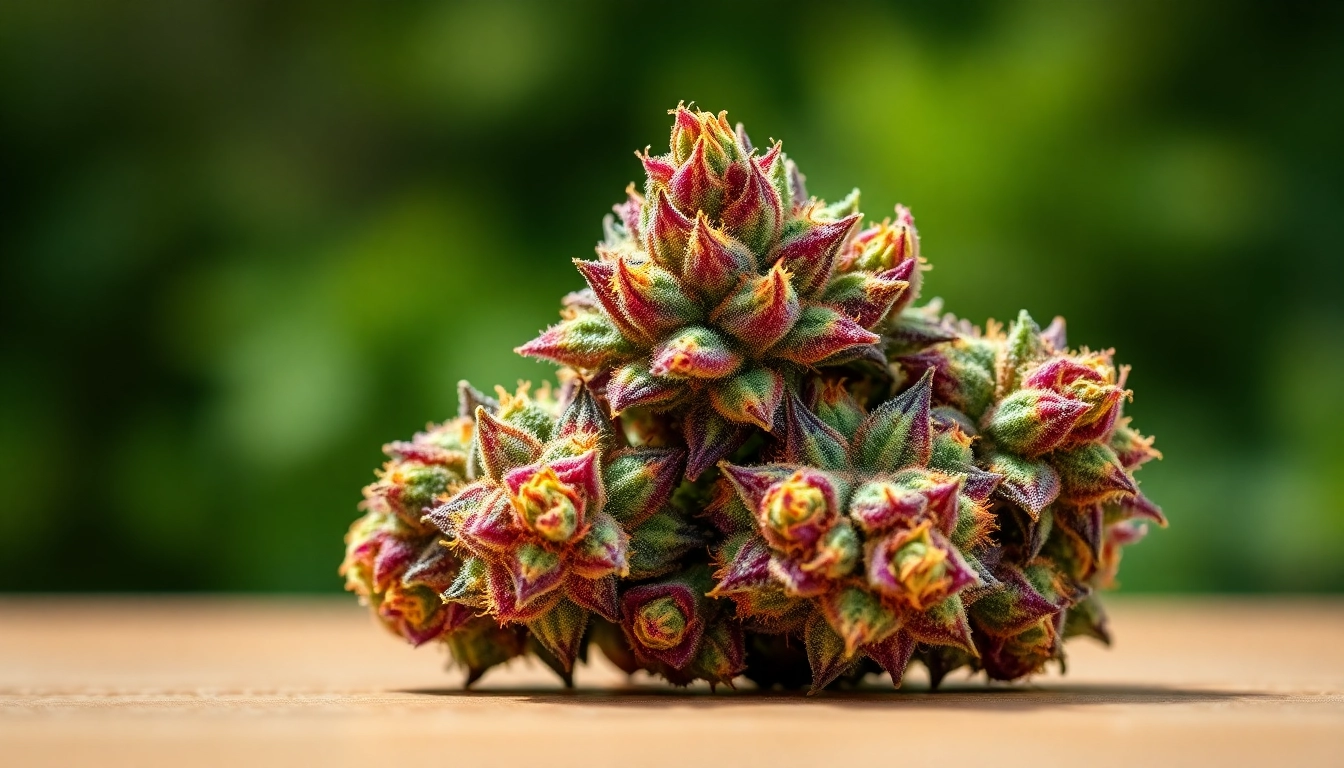 Discover the vibrant miami runtz strain showcased with rich colors and trichomes in a natural setting.