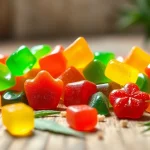 Colorful Weed Gummies arranged attractively on a wooden surface highlighting their textures.