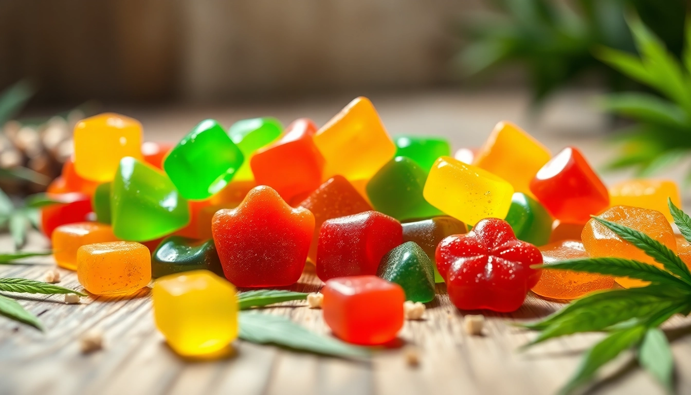 Colorful Weed Gummies arranged attractively on a wooden surface highlighting their textures.